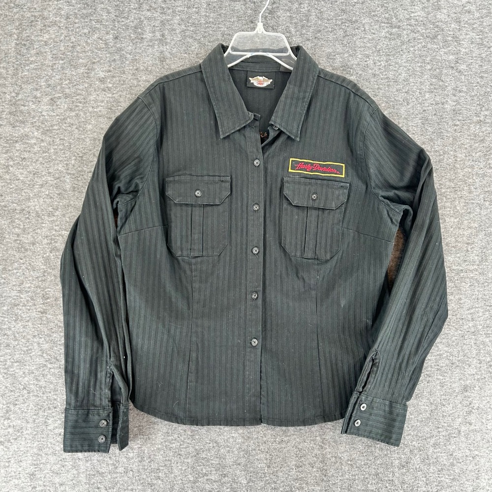 Harley-Davidson Womens Black Textured Stripe Button Up Shop Shirt Flame Hog XL